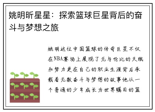 姚明昕星星：探索篮球巨星背后的奋斗与梦想之旅